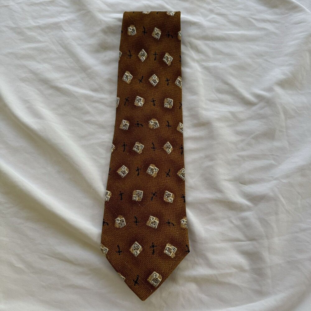 Joseph Abboud Mens Tie 100% Silk Italy Geometric Gold Brown 28” 4” Width At Base